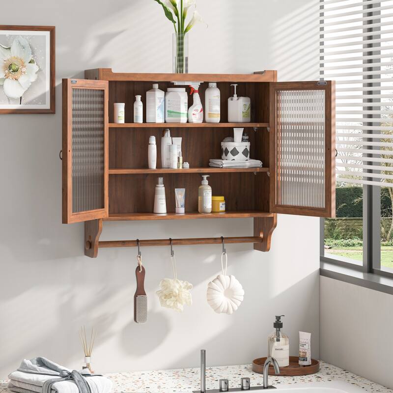 Vintage Style Glass Door Wall Cabinet with Three Tiers of Storage and Towel Racks
