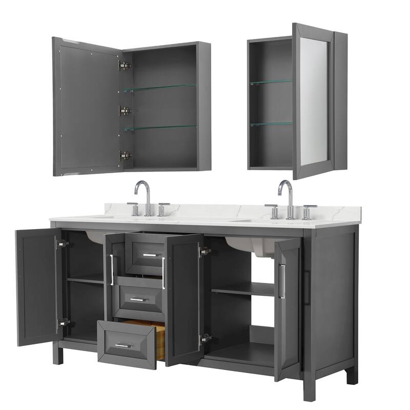 Daria 72-inch Double Vanity, 3 Hole Quartz Top, Med Cabinets