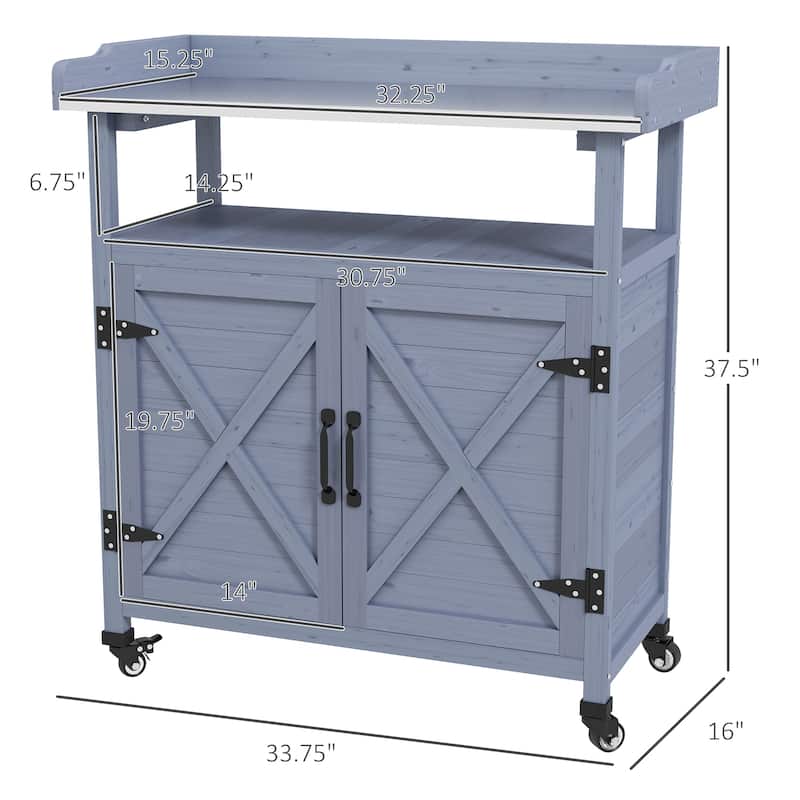 Outdoor Wooden Potting Table with Storage Cabinet, Aluminum Table Top