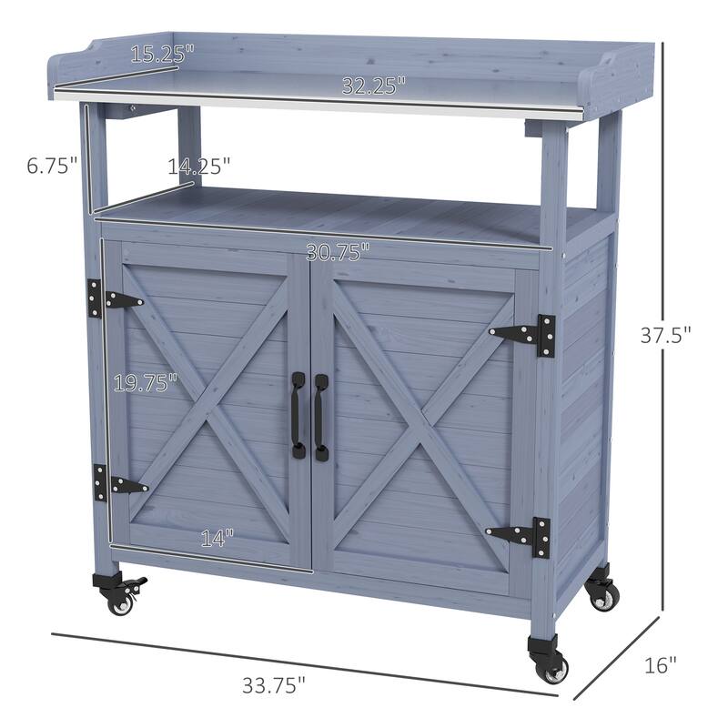 Outsunny Outdoor Potting Bench, Wooden Potting Table with Storage Cabinet, Aluminum Table Top, Rubber Wheels
