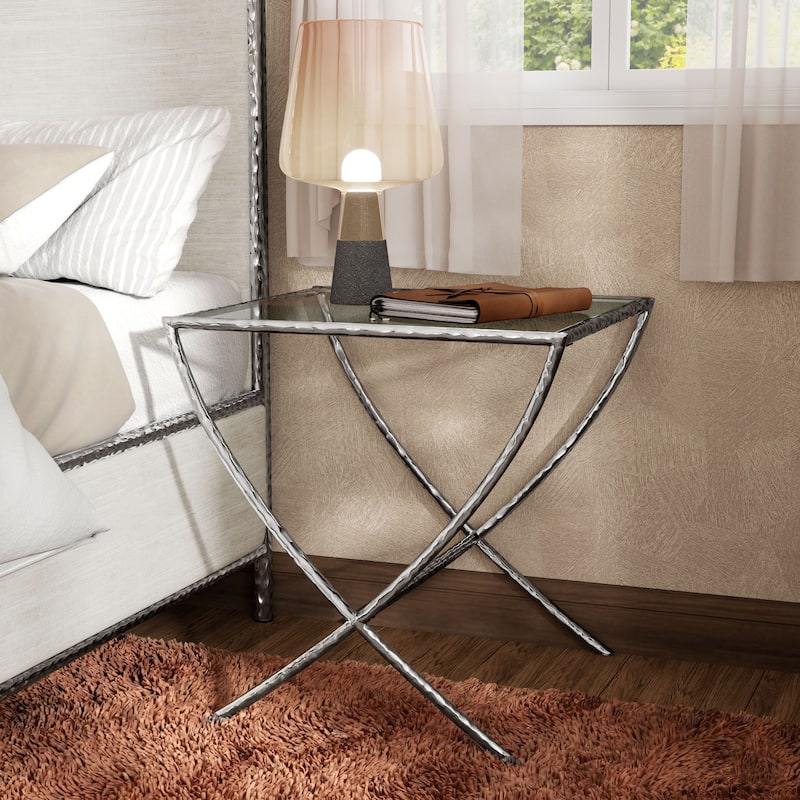 Furniture of America Zayen Modern Hammered Metal Accent Side Table - Silver