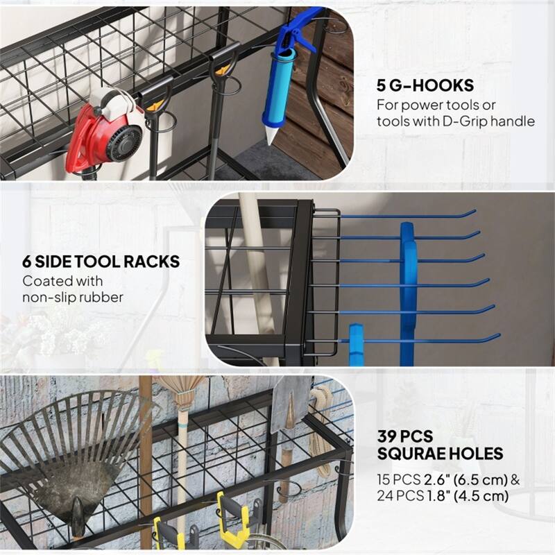 3 Tier Garden Tool Storage Rack Metal Organizer with Hooks and Shelves for Indoor and Outdoor Use - 33.1" L x 20.9" W x 28.7" H