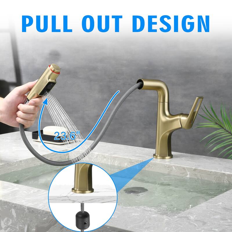 Anmytek Brushed Gold Pull-Down Bathroom Vessel Faucet - Single Hole, Lift Spout & Dual Spray Modes - 8.27 x 2.17 x 12.80 inches