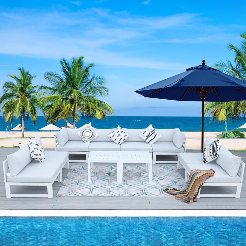 FINCATI White Aluminum Modern Patio Furniture Sectional Sofa Set with Cushion - 10 Pieces - Light Grey