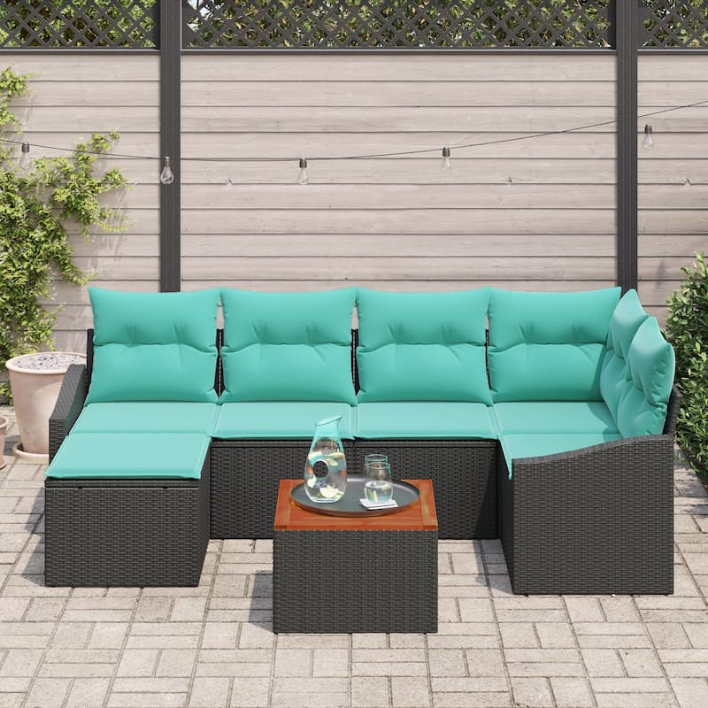 vidaXL 7 Garden Sofa Set with Cushions Black/Grey Poly Rattan - 91.9 x 48.6 x 27.2