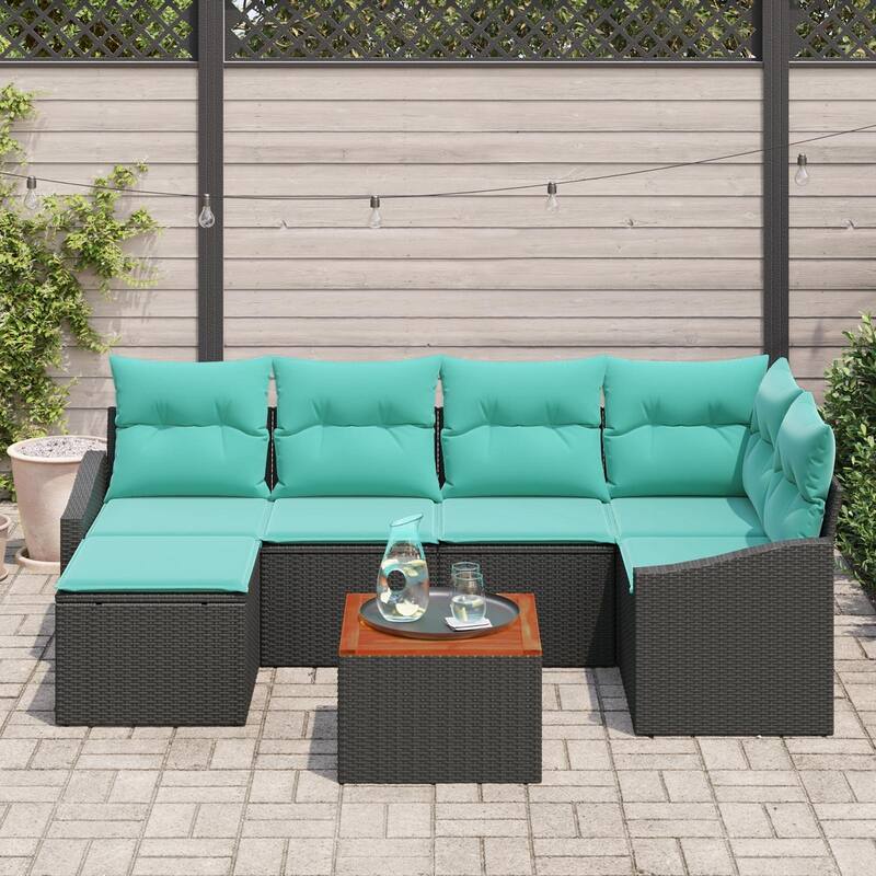 vidaXL 7 Piece Garden Sofa Set with Cushions Black Poly Rattan Acacia - 91.9×48.6×27.2