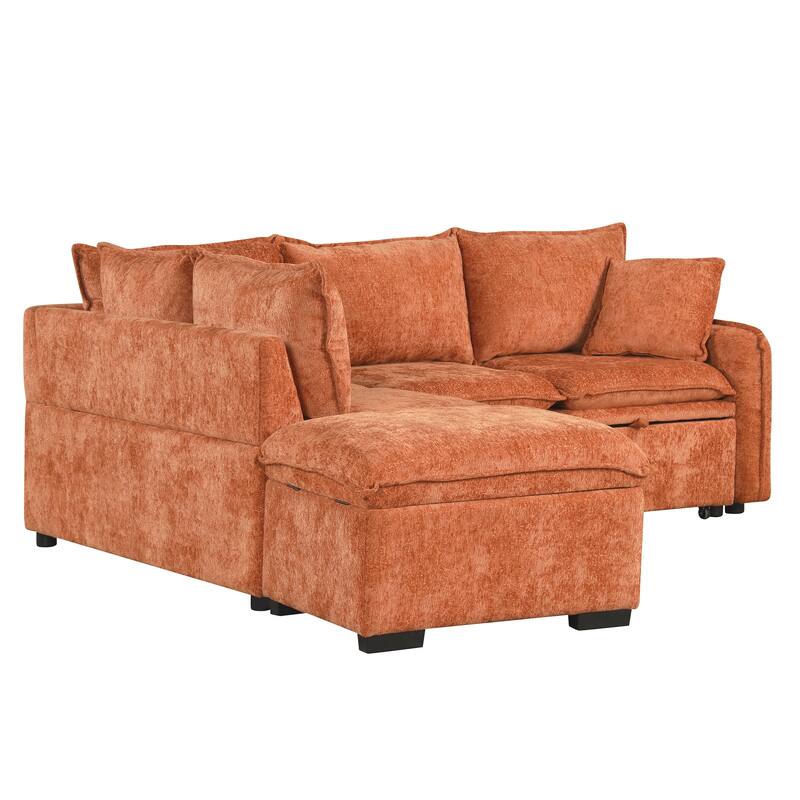 Orange 82.67" L-Shaped 5-Seat Sofa with Pull-Out Bed and Storage Ottoman