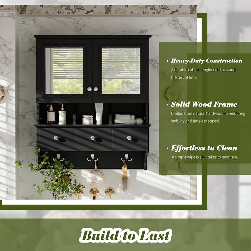 4-in-1 Bathroom Mirror Cabinet,24"Wall Mounted Medicine Cabinet with Drawers & Organizer Hooks,High-Define Mirrors with Storage