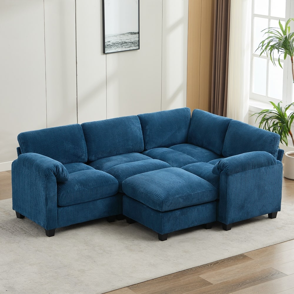 5-Seater Corduroy Sectional Sofa, Removable Ottoman, Modular Design
