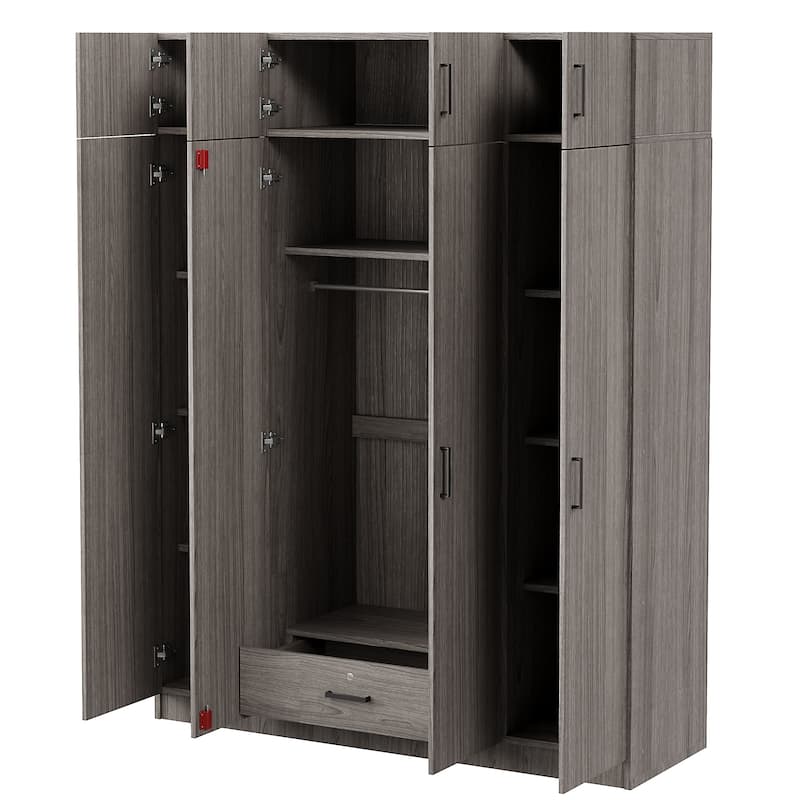 4-Door Wardrobe Armoire with Drawer and Overhead Cabinet Clothes Storage Cabinet for Bedroom
