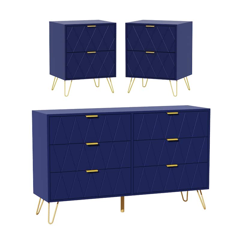 6 Drawer Dresser and Night Stand Sets for Bedroom Set of 2 & 6 Drawer Dresser Combo - Navy Blue