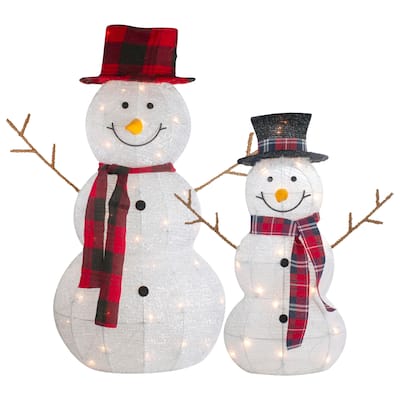 Set of 2 Lighted Tinsel Snowmen Family Christmas Yard Decorations - 39"