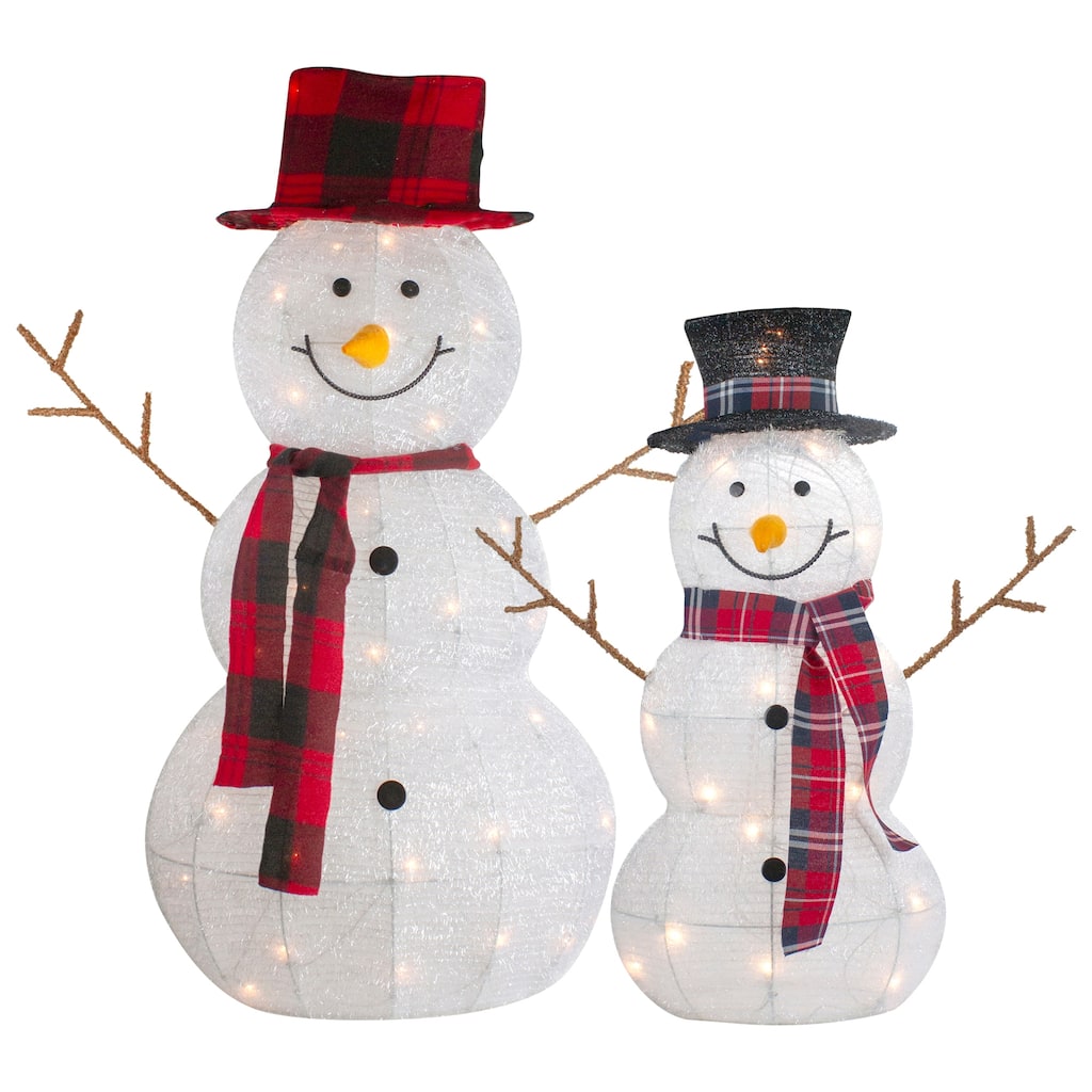 Lighted Tinsel Snowmen Family Christmas Yard Decorations - Clear Lights - Set of 2 - White