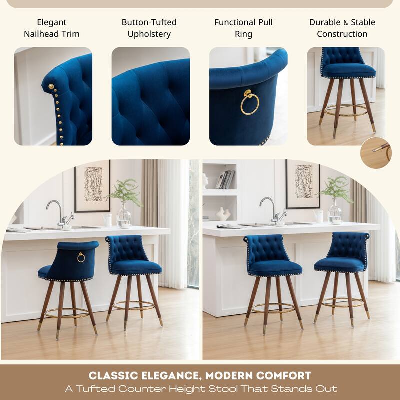 Set of 2 Button-Tufted Counter Stools with Nailhead Trim