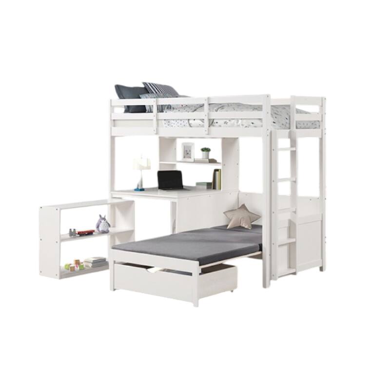 Sirius Twin Loft Bed, Bookcase and Desk, Shelf Unit, White Pine Wood