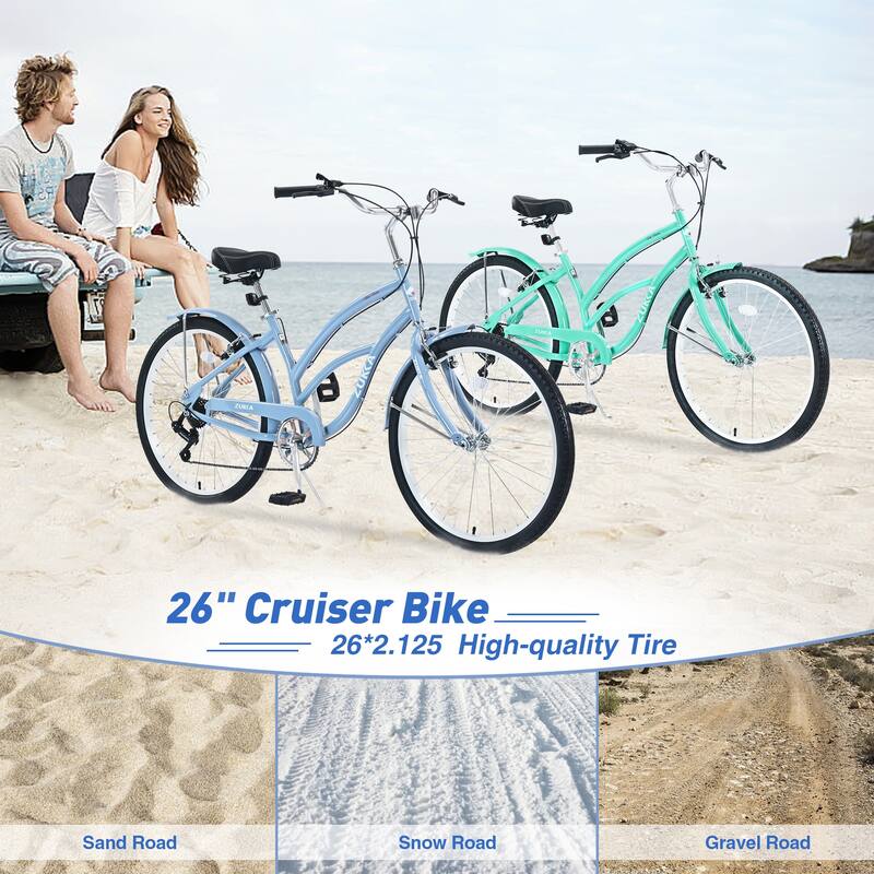 26-inch Women's Beach Cruiser Bike with Shimano 7-Speed, Double V Brakes, Comfortable Saddle, and High-Quality Tires