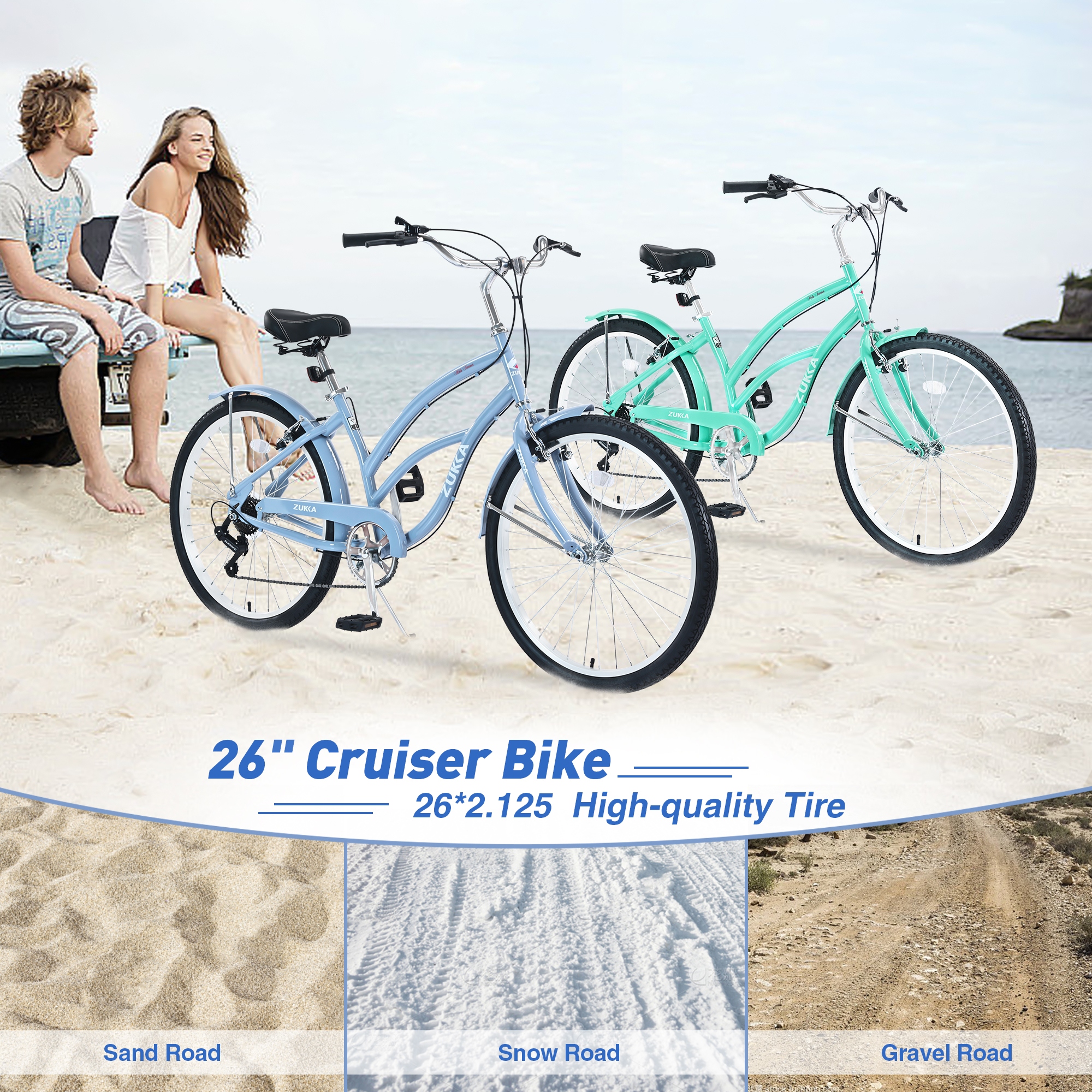 7 Speed Bicycles Multiple Colors 26 Inch Beach Cruiser Bike Purple