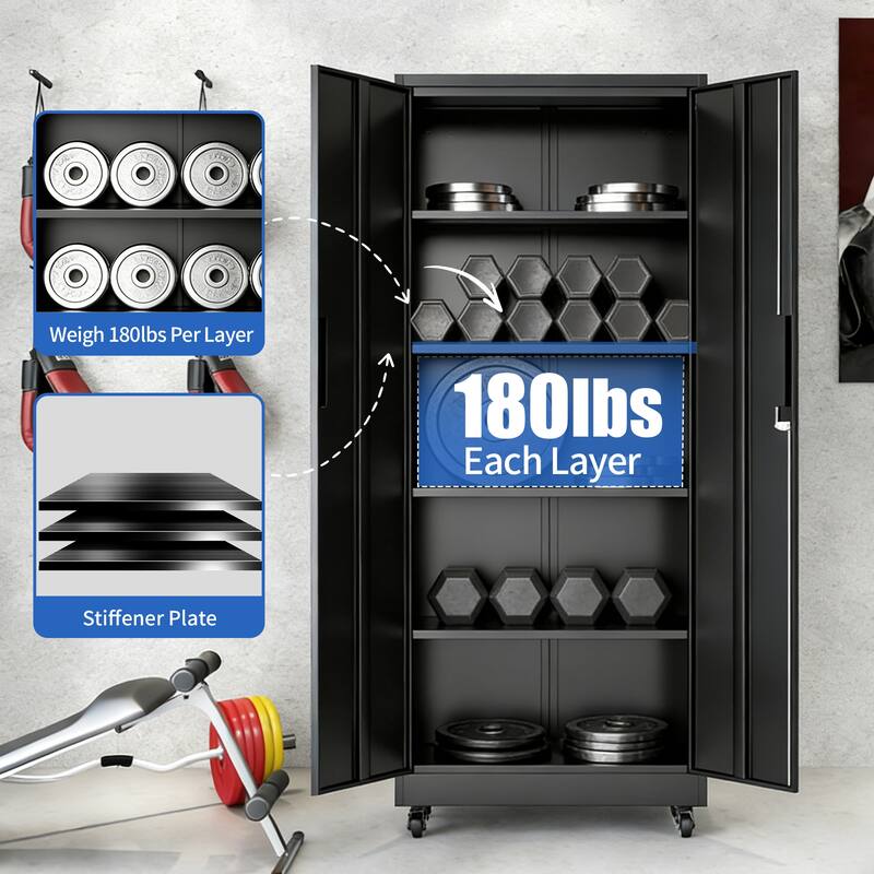 71"H Metal Garage Storage Cabinet with Wheels and Lock, 4 Adjustable Shelves (180lb Each), 3-Point Locking Security