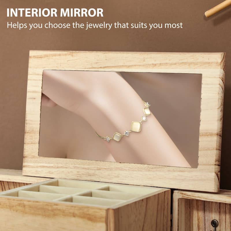Brown Paulownia Wood Jewelry Box with Mirror and Rotatable Side Doors - 10.4" W x 6.3" D x 13.2" H