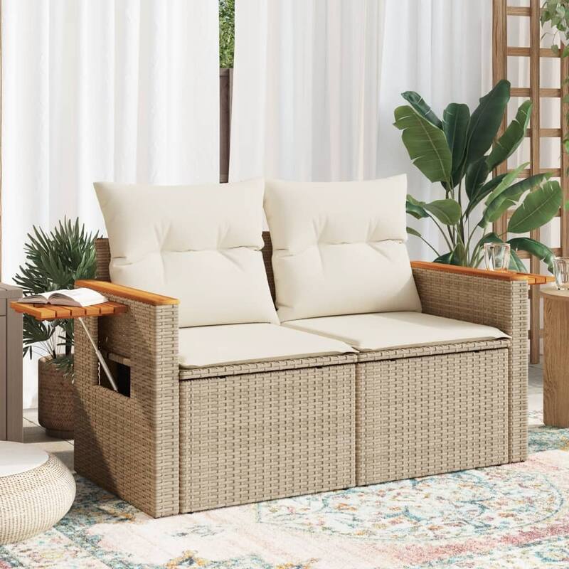 vidaXL Patio Sofa with Cushions Outdoor Seat Sectional Sofa 2-Seater Poly Rattan - 24.4 x 48.8 x 27.2 in - Beige and white without storage