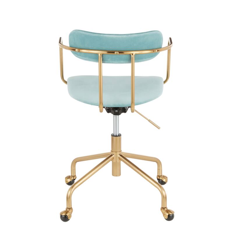 Modern Light Blue Velvet Office Chair with Sleek Gold Frame, Cushioned Seat, and Swivel Base for Home or Office Use