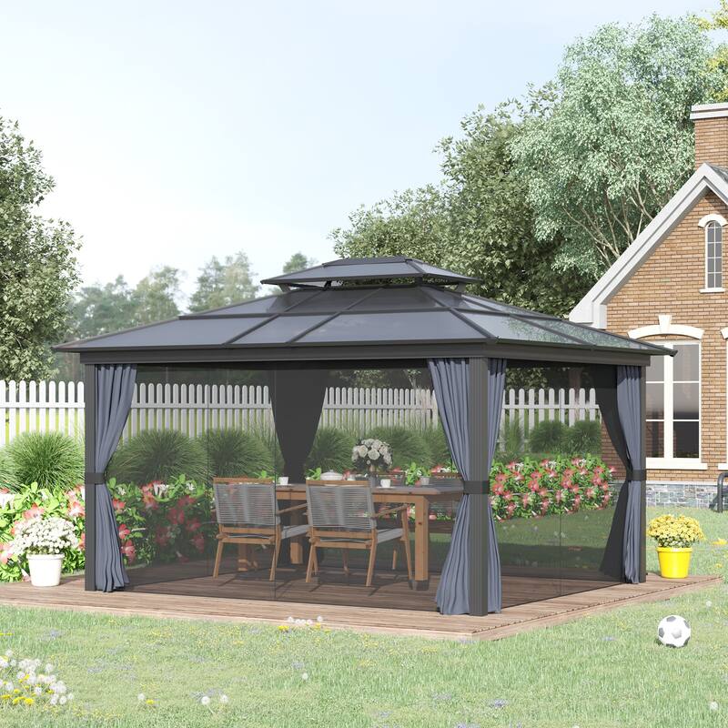Outsunny 10x12 Hardtop Gazebo with Aluminum Frame, Polycarbonate Gazebo Canopy with Curtains, Netting - Black