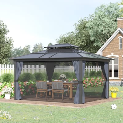 Outsunny 10x12 Hardtop Gazebo with Aluminum Frame, Polycarbonate Gazebo Canopy with Curtains, Netting