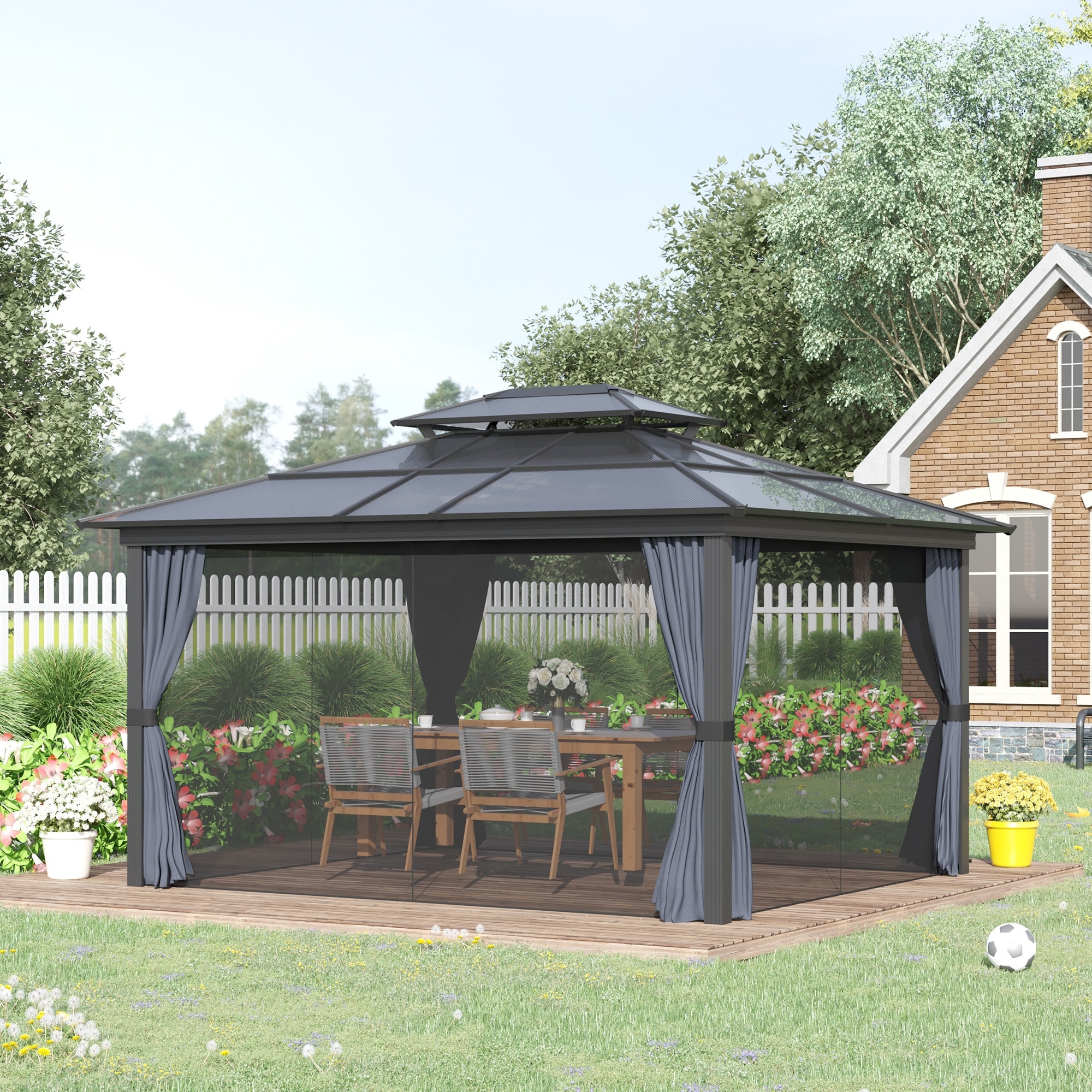 Outsunny 10x12 Hardtop Gazebo with Aluminum Frame, Polycarbonate Gazebo Canopy with Curtains, Netting