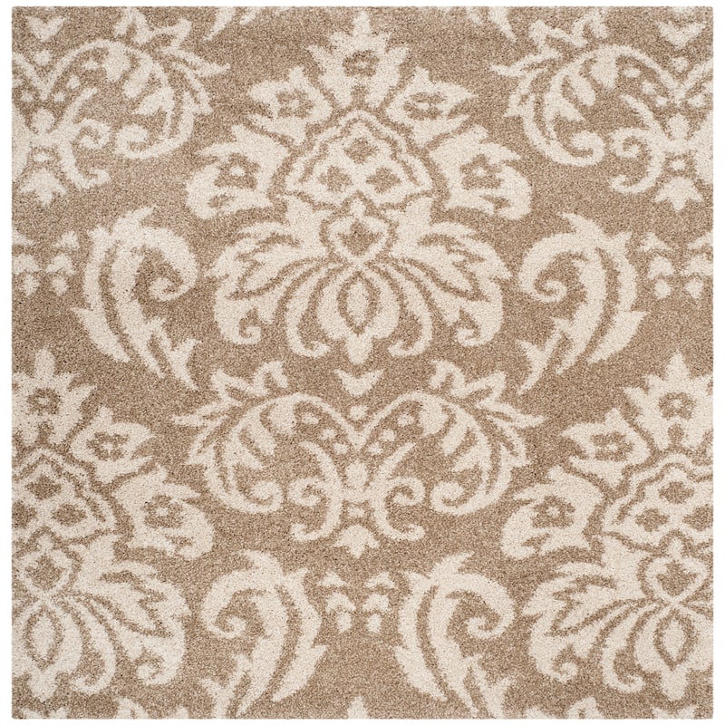 SAFAVIEH Florida Shag Aurkene Floral Damask 1.2-inch Thick Rug - 5' Square - Beige/Cream