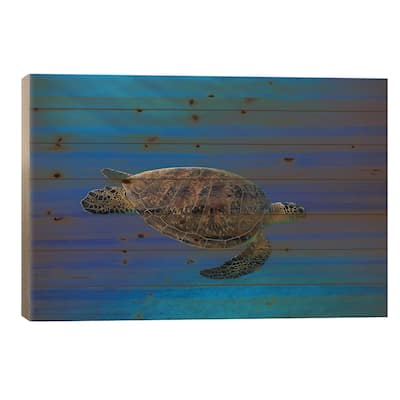 Green Turtle In The Blue Print On Wood by Barathieu Gabriel - Multi-Color