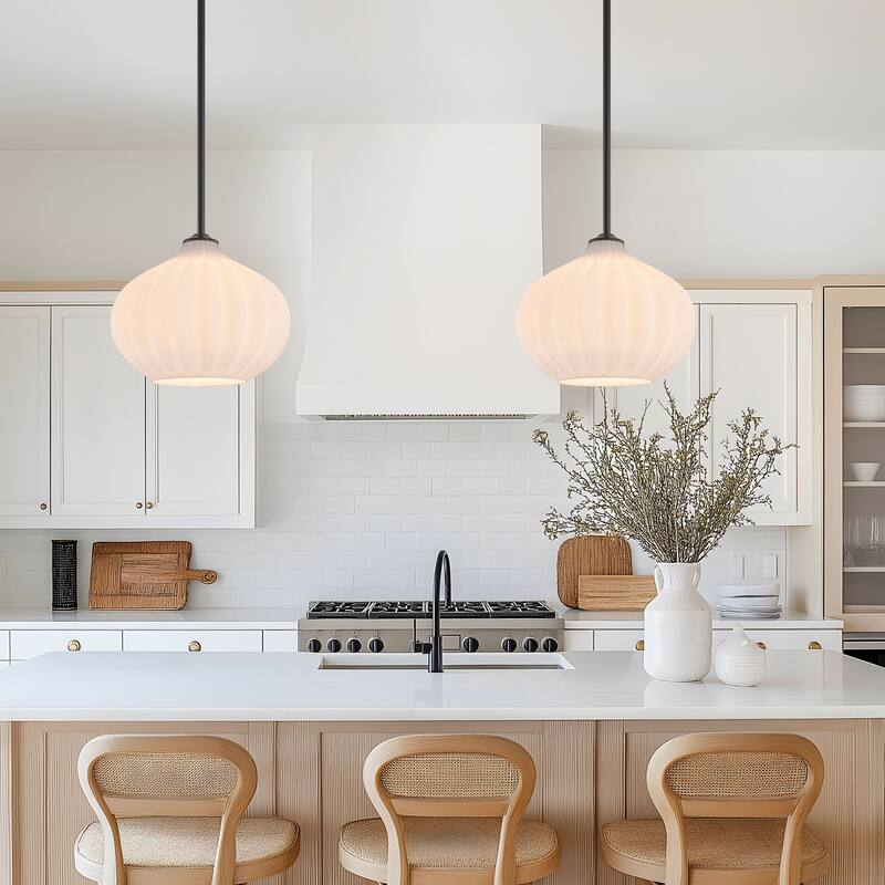 Starsky 10inch 1-Light Modern Elegan White Ribbed Glass Pendant
