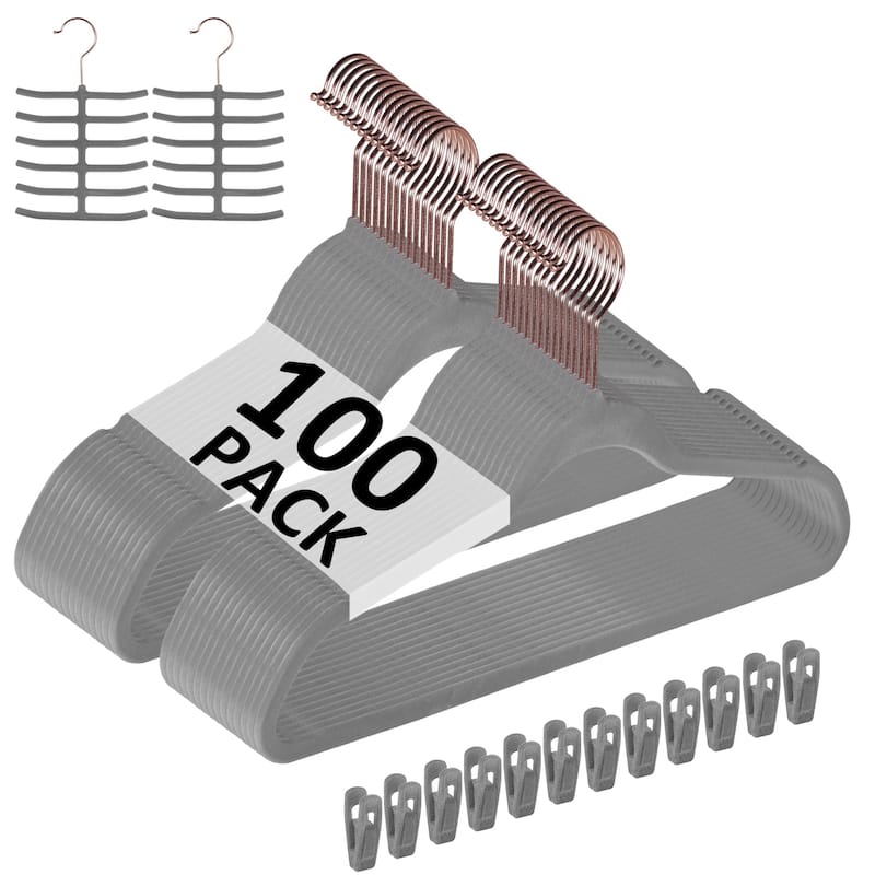 Javlergo 50/100 Pack Velvet Hangers, Heavy Duty Non Slip & Space-Saving Cloth Hangers with 6 Finger Clips & Tie Rack - 100 Packs - Grey