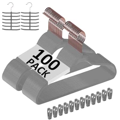 Javlergo 50/100 Pack Velvet Hangers, Heavy Duty Non Slip & Space-Saving Cloth Hangers with 6 Finger Clips & Tie Rack
