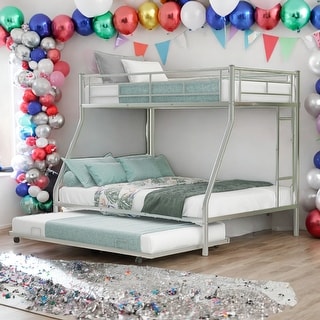 Twin over Full Bed with Sturdy Steel Frame, Bunk Bed with Twin Size Trundle, Two-Side Ladders, Esay Assembly,Silver