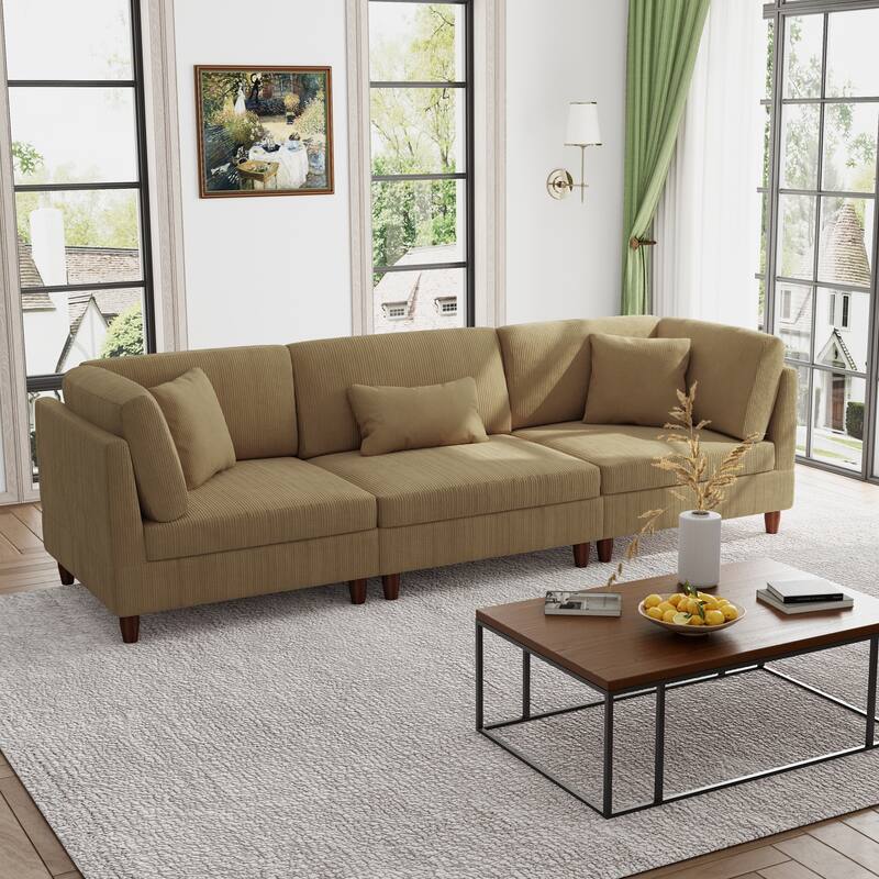 Corduroy Modular Sectional Sofa Set With Pillows - Camel-3Piece