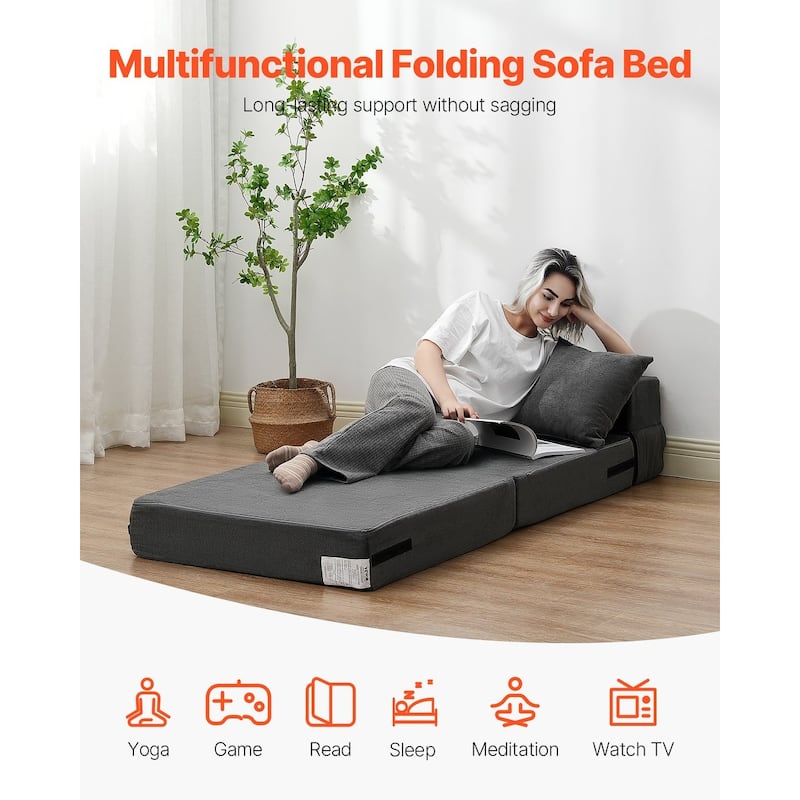 Dark Grey Single Foam Fabric Foldable Sofa Bed with Pillows and Washable Cover - 73.23” L x 28.74” W x 5.91” H