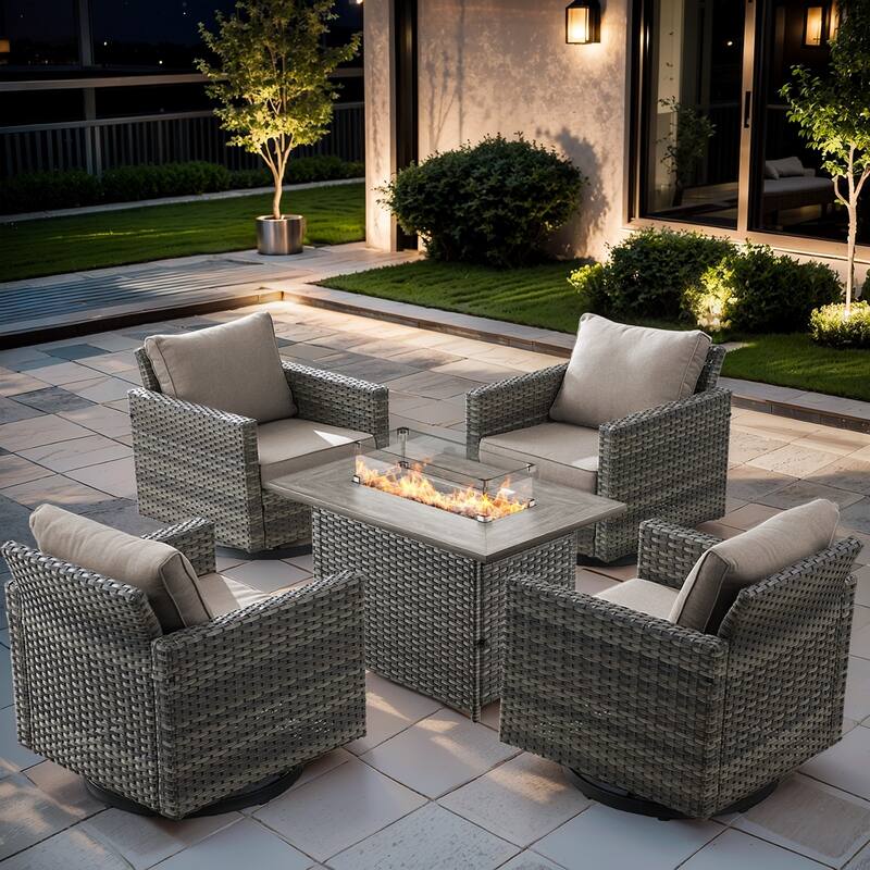 4 Pieces Swivel Chair with Fire Pit Table - Grey - Grey