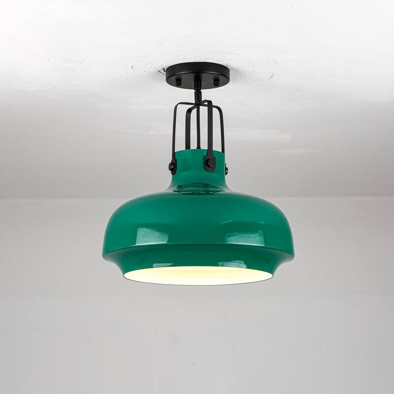 1-Light Farmhouse Industrial Green Dome Adjustable Pendant Hanging Light with Matte Black Hardware for Kitchen Island