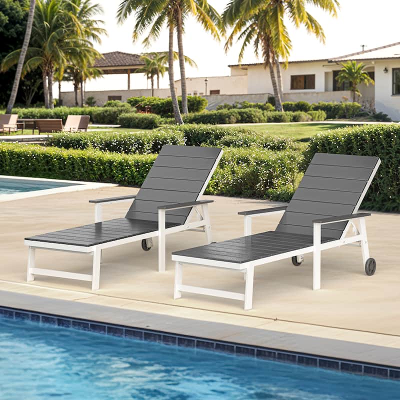 Patio HDPE Backrest Set of 2 Chaise Lounge Chair with Aluminum Frame, Adjustable Backrest and Wheels - Grey