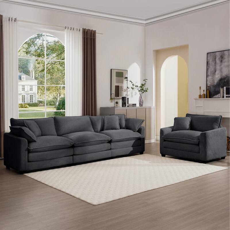 Modern Modular Sofa Set with Corduroy Upholstery and Memory Foam Cushions for Living Room or Guest Room - Grey