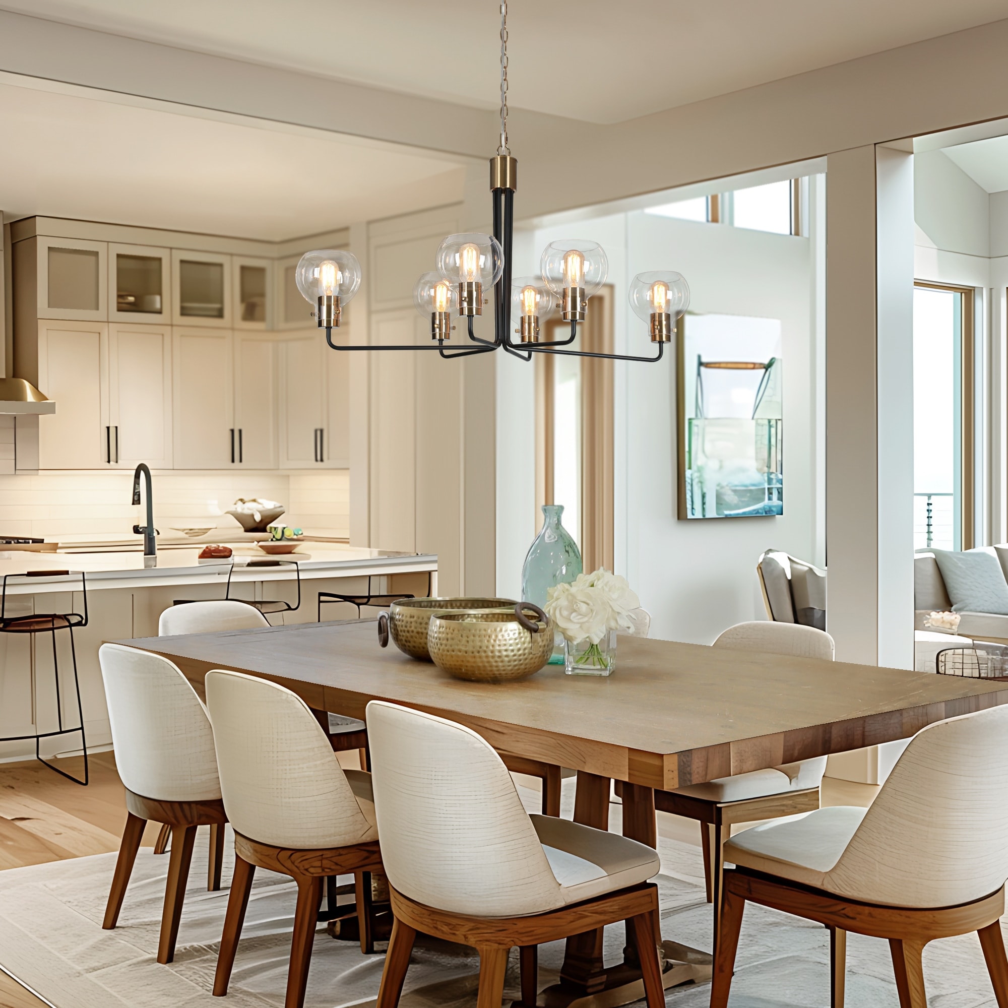 Modern 6-Light Black Gold Wheel Chandeliers Globe Glass Pendant