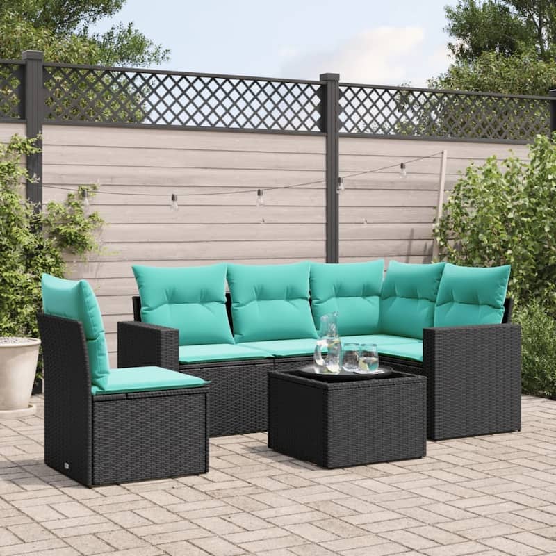 vidaXL Patio Sofa Set with Cushions Outdoor Conversation Furniture Poly Rattan - 25.8" x 24.4" x 27.2" - Black and blue with table