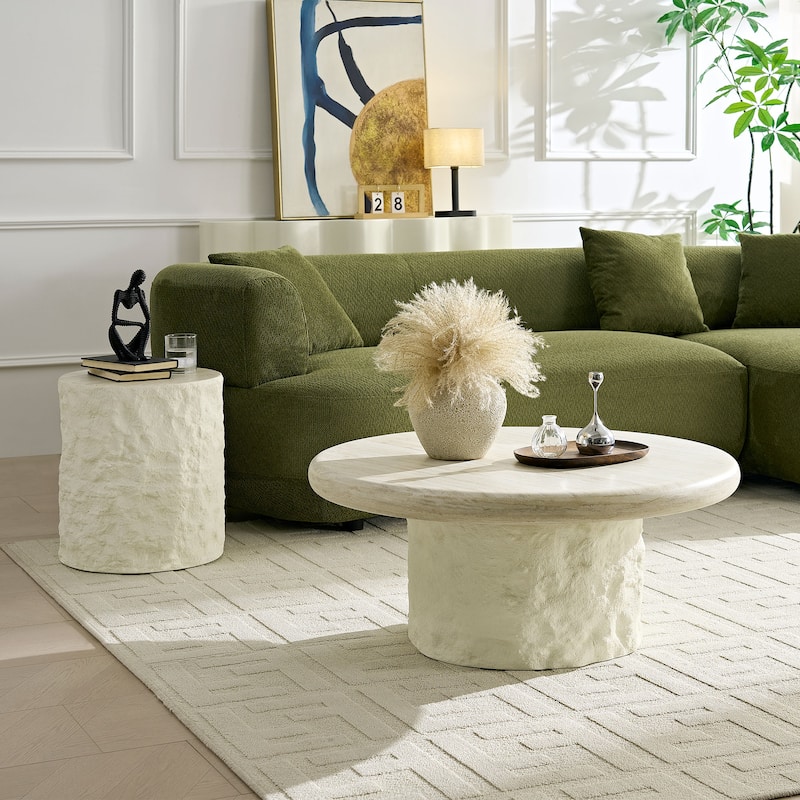 35.04" Fiberglass Round Center Coffee Table for Living Room,Imitation Stone Table front of the Sofa, Coffee Table