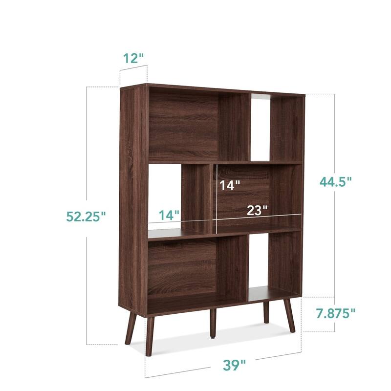 Mid Century Modern Bookcase Storage Unit with Wood Grain Finish - 39"(L) x 12"(W) x 52.25"(H)