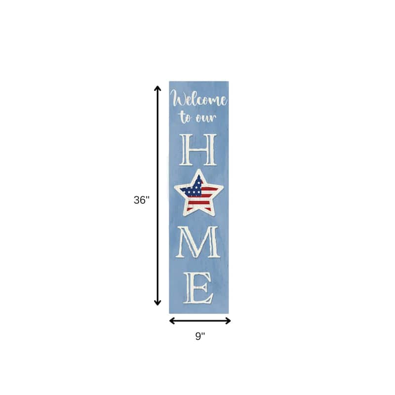 HomeRoots 36" Blue White And Red Solid Wood Welcome To Our Home Americana Porch Sign