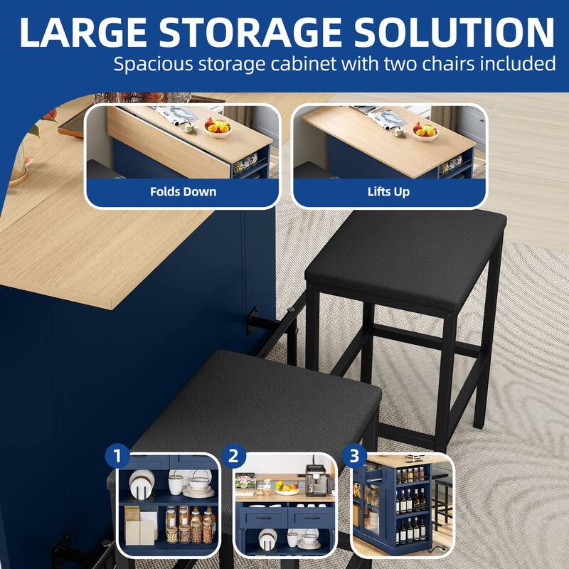 Moasis 47 Inch Mobile Storage Kitchen Island with 2 Seating,Rolling Islands Table with Power Outlet