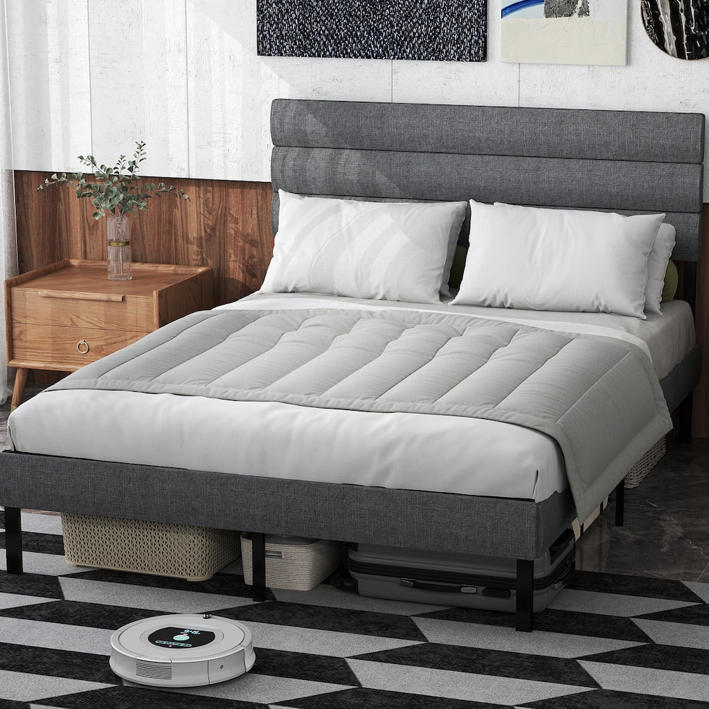 Bedroom Platform Bed Frame with Upholstered Headboard, 14" Underbed Storage, No Box Spring Required