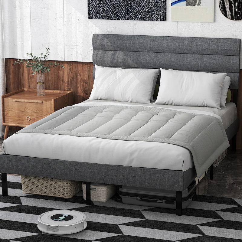 Queen Size Upholstered Platform Bed with Headboard, 14'' Underbed Storage, No Box Spring Needed