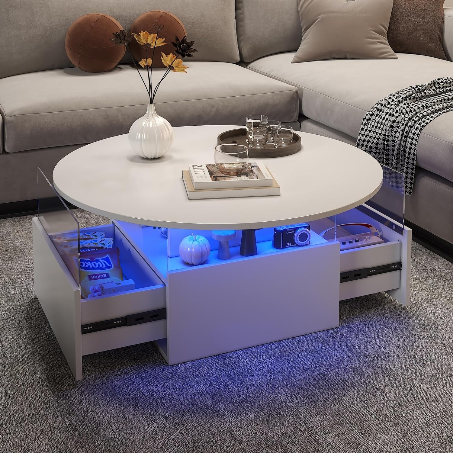 31.5" Round Coffee Table with LED, Storage, and Sliding Drawers - Modern Wood & Acrylic Center Table for Living Room, White