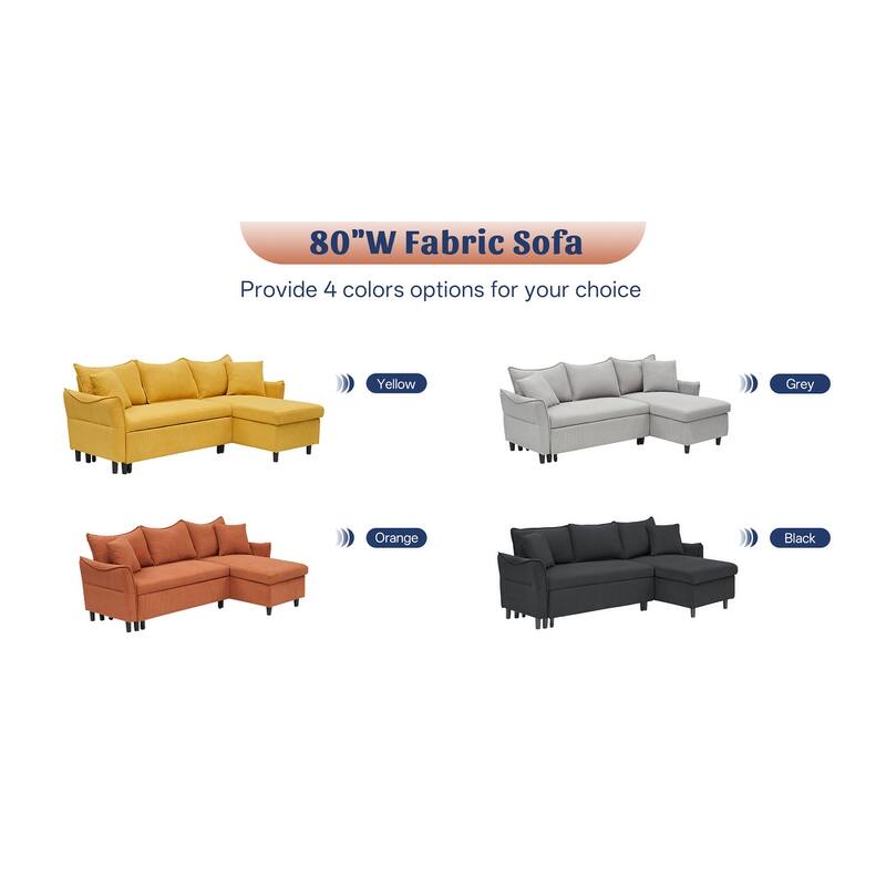 80-inch Gray Corduroy L-Shape Convertible Sofa Bed, Storage, 2 Pillows
